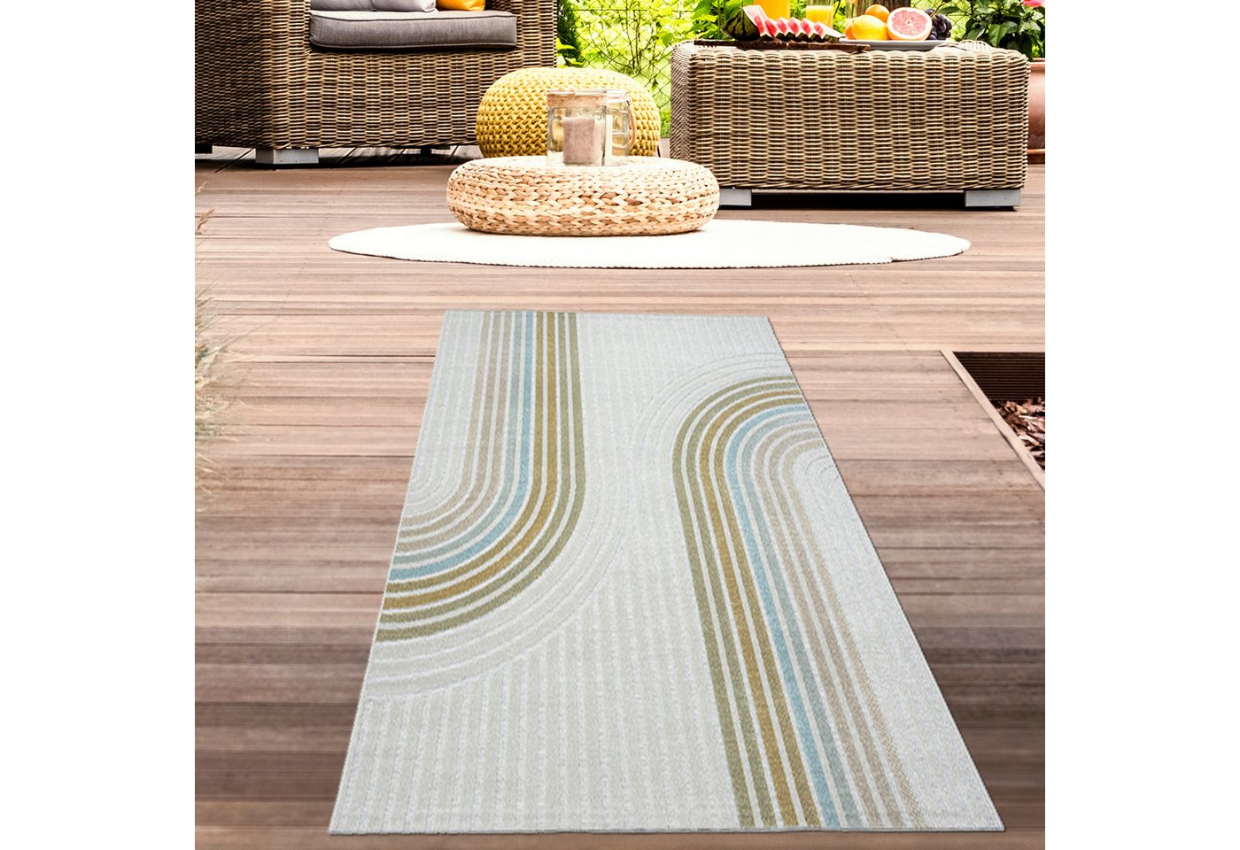 Carpetia Outdoorteppich Vielseitiger In- & Outdoor Teppich in Creme mit Linienmuster in bunt, rechteckig von Carpetia