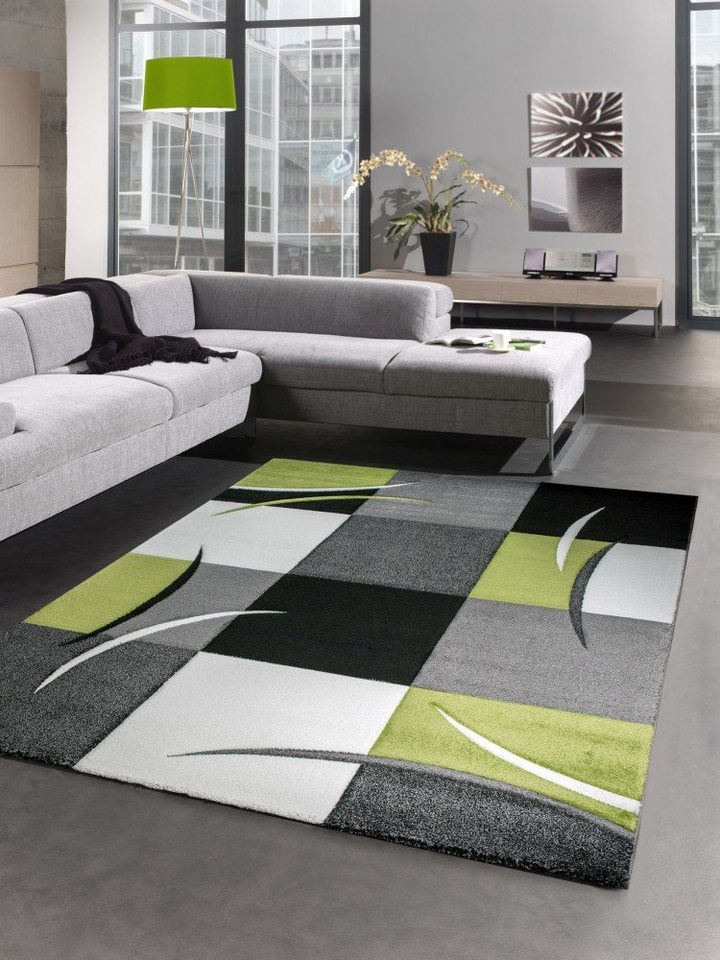 Carpetia Teppich Designer Teppich Wohnzimmerteppich karo grün grau creme schwarz, rechteckig, Höhe: 13 mm von Carpetia