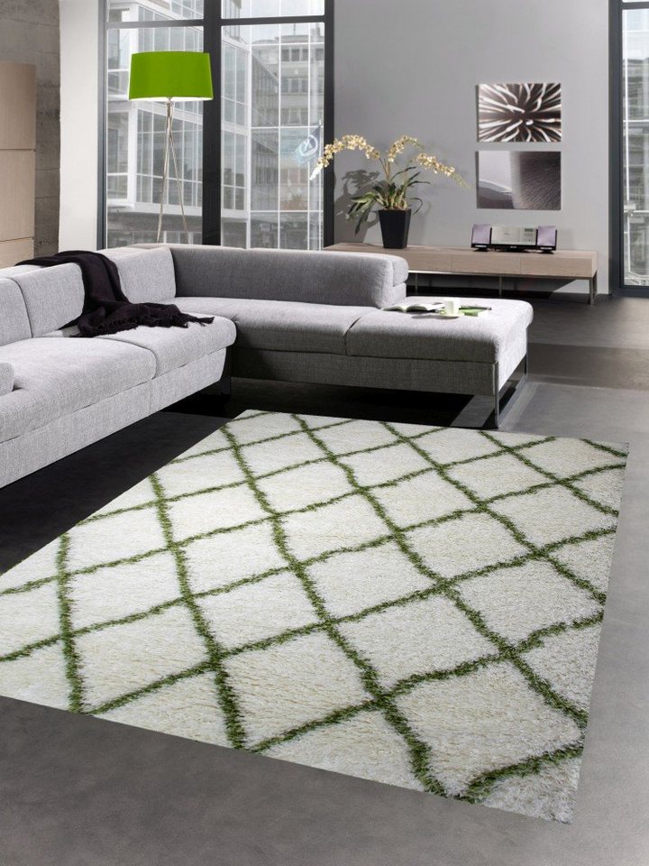 Hochflor-Teppich Shaggy Teppich Wohnzimmerteppich Hochflor Langflor Rauten creme grün, Carpetia, rechteckig, Höhe: 40 mm von Carpetia