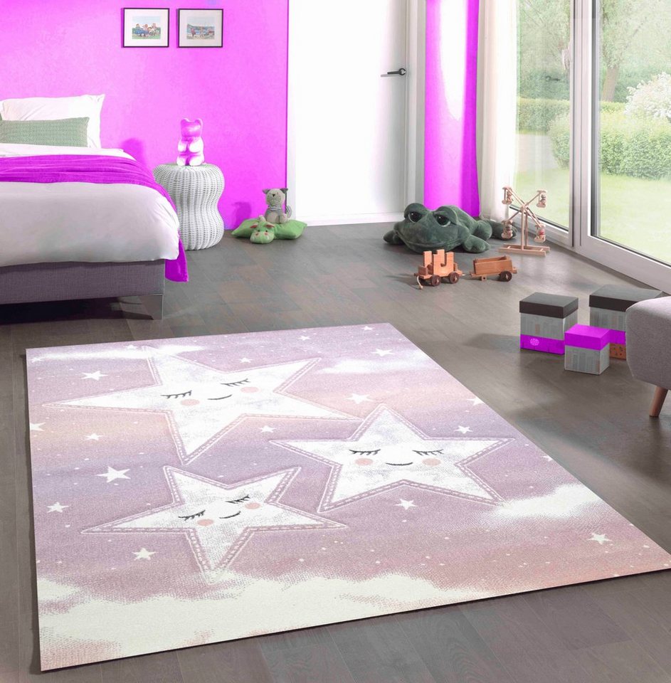 Carpetia Kinderteppich Spiel Teppich Kinderzimmer Sterne Himmel Wolken Design rosa creme, rechteckig, Höhe: 13 mm Carpetia Kinderteppich Spiel Teppich Kinderzimmer Sterne Himmel Wolken Design rosa creme, rechteckig, Höhe: 13 mm von Carpetia