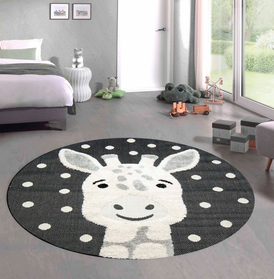 Kinderteppich Giraffen Kinderzimmer Teppich weiche Baby Spielmatte Hoch Tief Effekt schwarz grau creme, Carpetia, rund, Höhe: 20 mm von Carpetia