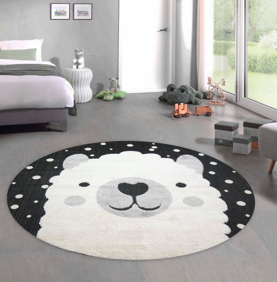 Kinderteppich Alpaca Kinderzimmer Teppich weiche Baby Spielmatte Hoch Tief Effekt schwarz grau creme, Carpetia, rund, Höhe: 20 mm von Carpetia