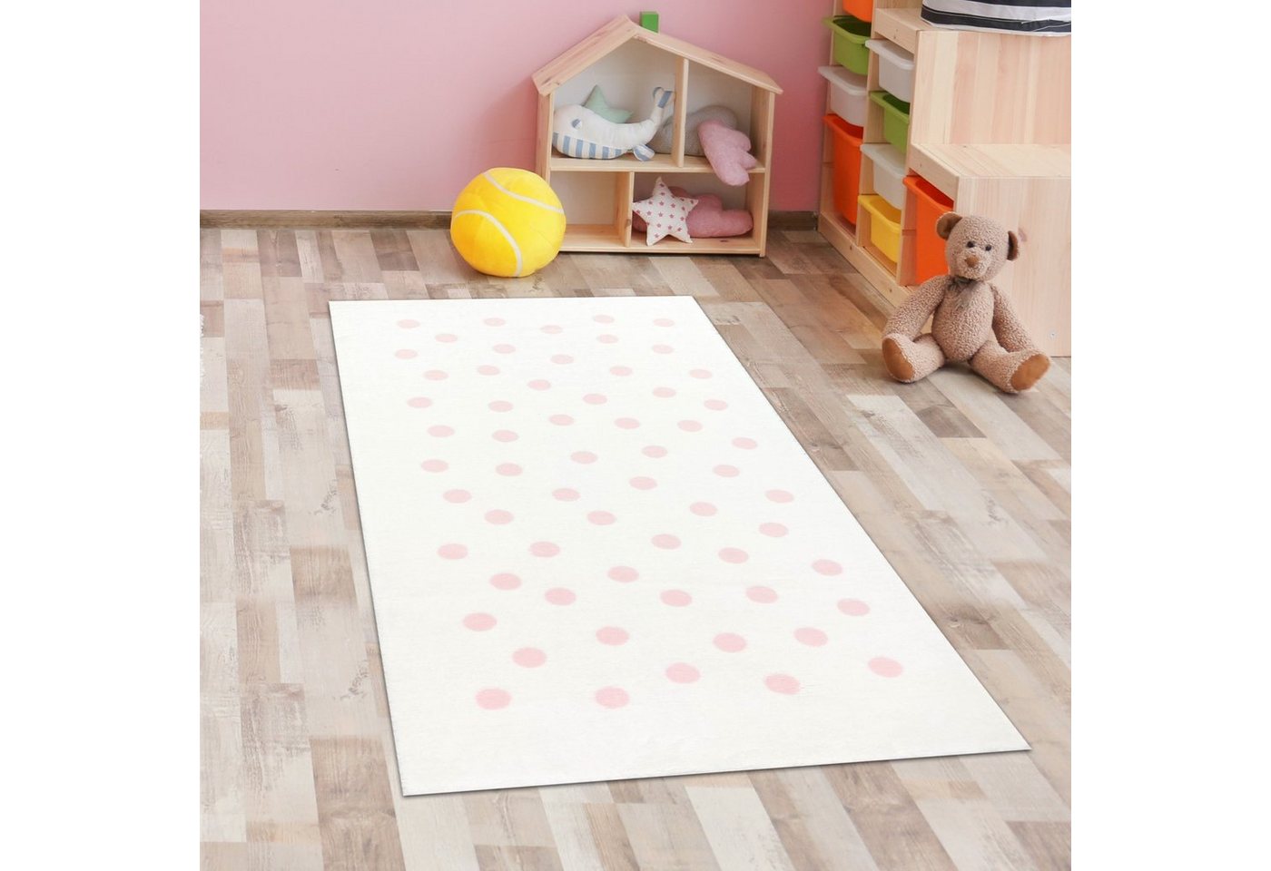 Kinderteppich Teppich Spielteppich rosa Punkte flauschig in creme, Carpetia, rechteckig, Höhe: 18 mm von Carpetia