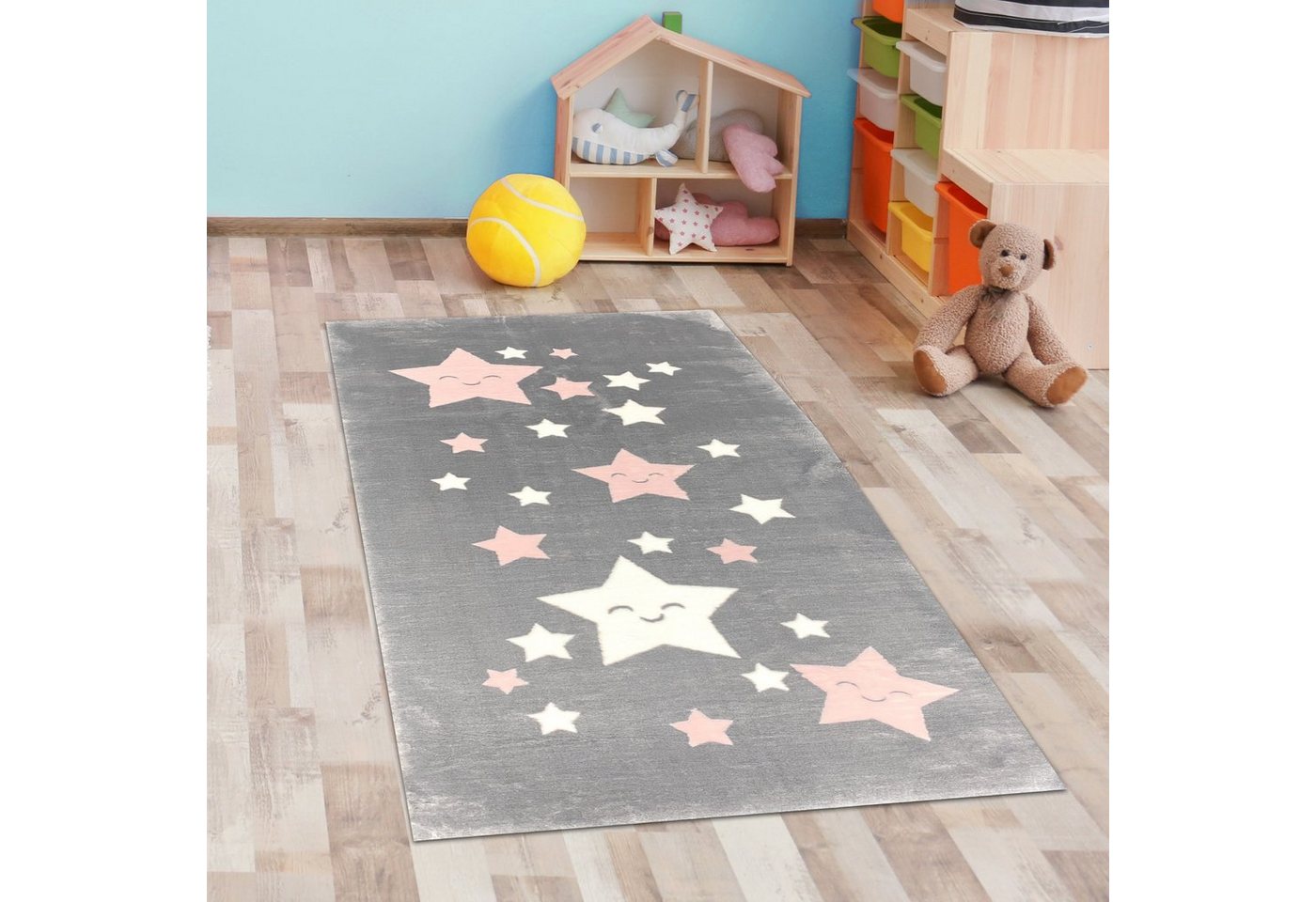 Carpetia Kinderteppich Teppich Mädchen Sterne flauschig in anthrazit, rosa weiß, rechteckig Carpetia Kinderteppich Teppich Mädchen Sterne flauschig in anthrazit, rosa weiß, rechteckig von Carpetia
