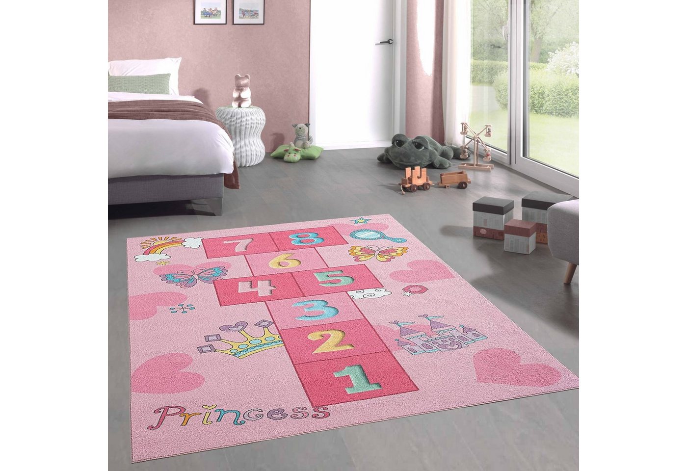 Kinderteppich Hüpfkästchen Kinder-Spielteppich mit Prinzessinnen Burg in rosa, Carpetia, rechteckig, Höhe: 5 mm von Carpetia