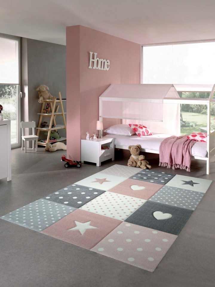 Kinderteppich Kinderteppich Spielteppich Babyteppich Mädchen mit Herz Stern rosa creme grau, Carpetia, rechteckig von Carpetia