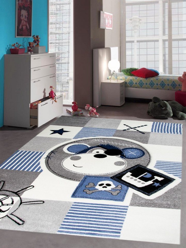 Kinderteppich Teppich Kinderzimmer Babyzimmer Jungen Affe Pirat blau crème grau schwarz, Carpetia, rund, Höhe: 13 mm von Carpetia
