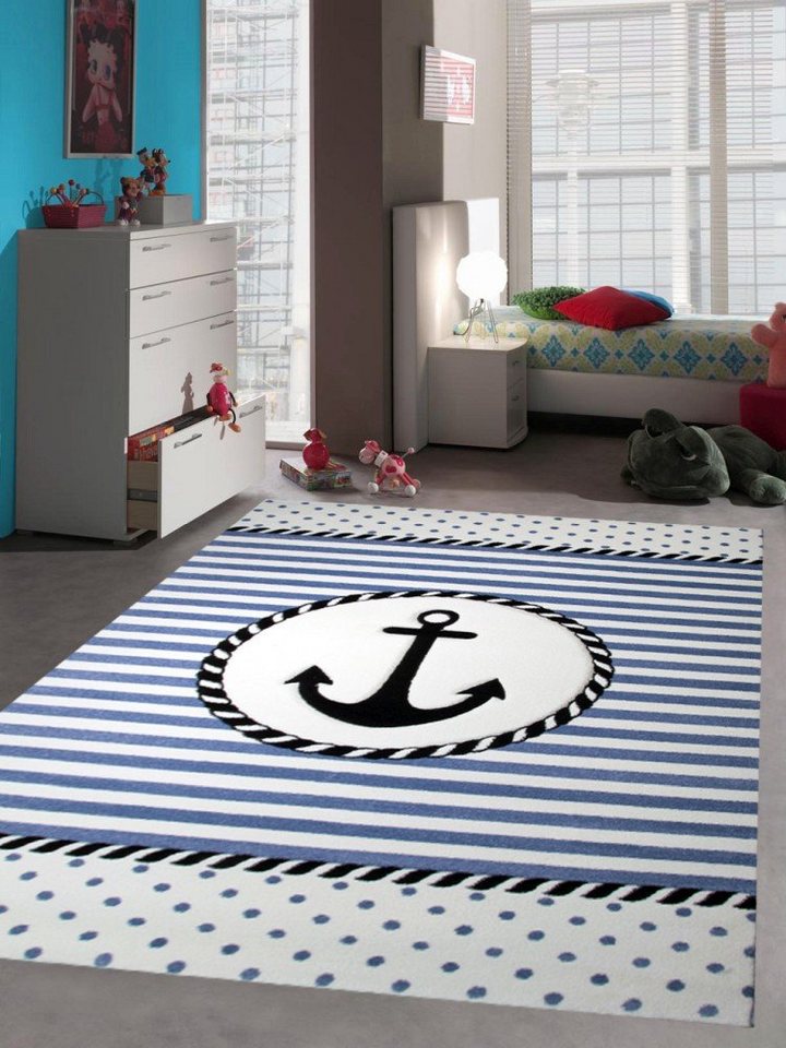 Kinderteppich Teppich Kinderzimmer Babyzimmer Jungen Anker maritim blau crème schwarz, Carpetia, rund, Höhe: 13 mm von Carpetia