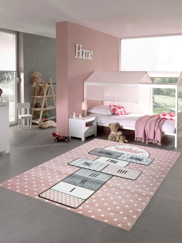 Kinderteppich Teppich Kinderzimmer Hüpfspiel Muster rosa grau, Carpetia, rechteckig, Höhe: 13 mm von Carpetia
