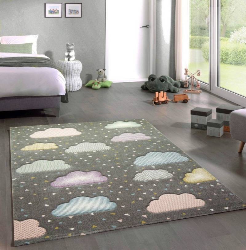 Carpetia Kinderteppich Teppich Kinderzimmer Kinderteppich Wolken grau rosa blau, rechteckig, Höhe: 13 mm von Carpetia
