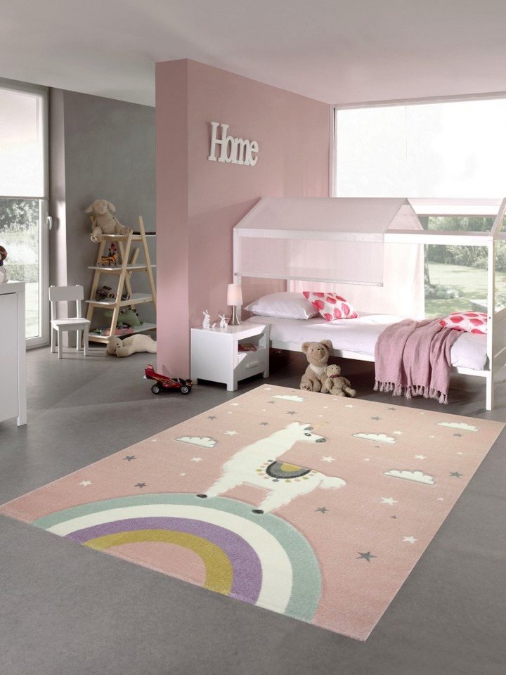 Kinderteppich Teppich Kinderzimmer Mädchen Kinderteppich Lama Einhorn rosa, Carpetia, rechteckig, Höhe: 13 mm von Carpetia