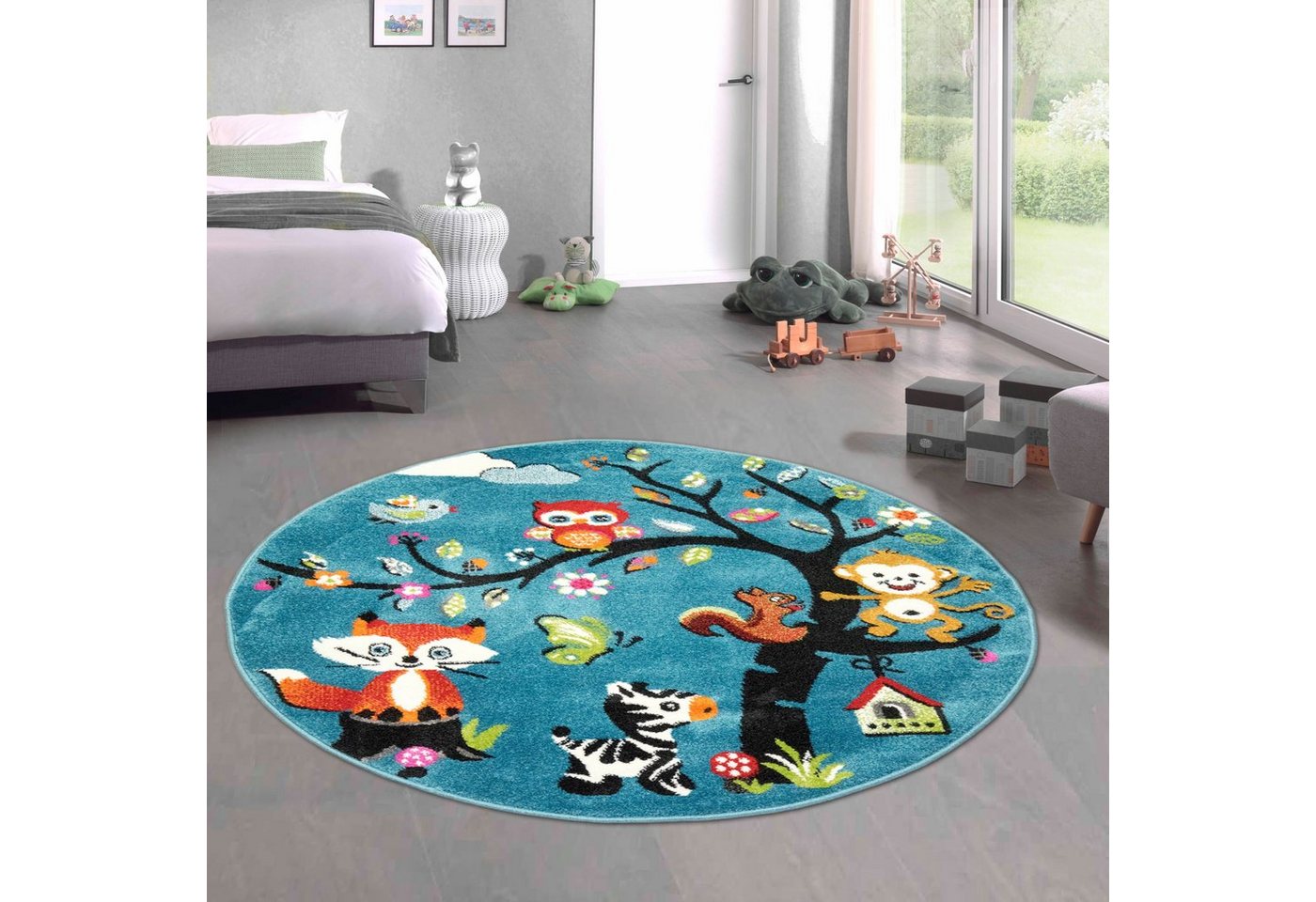 Kinderteppich Teppich mit vielen Tiermotiven, in blau, Kinderfreundlich, Carpetia, rund von Carpetia