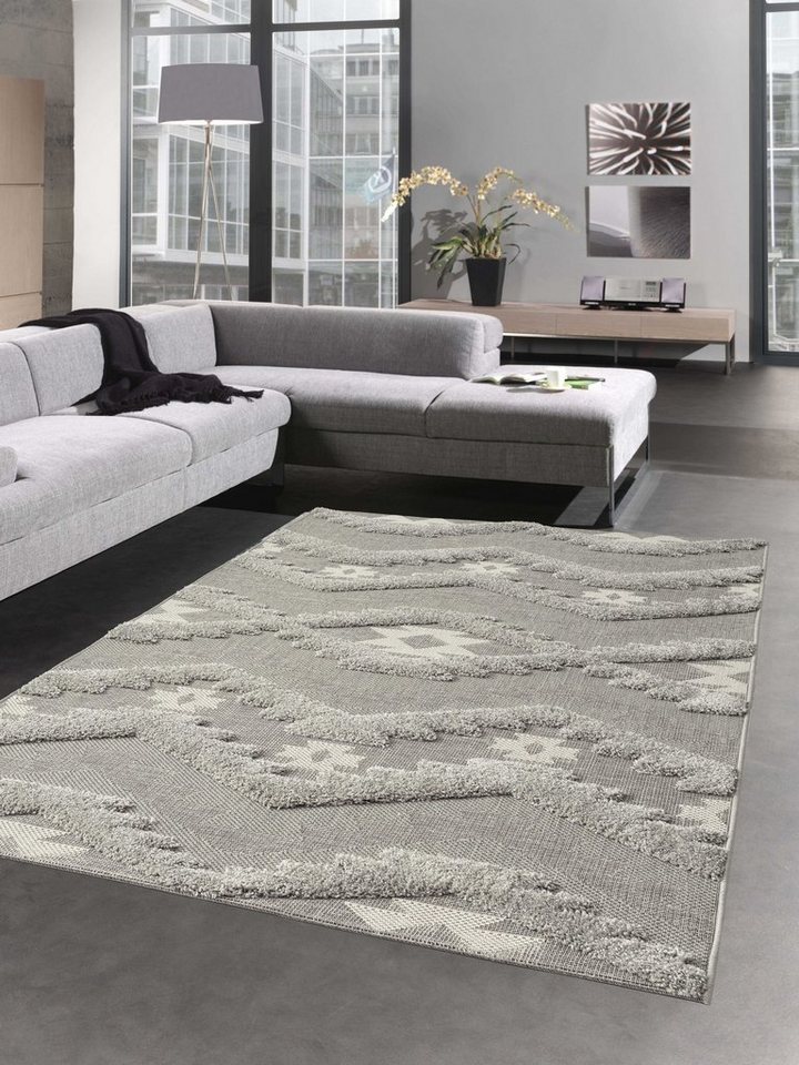 Outdoorteppich Sisalteppich für In- & Outdoor Balkon Schlafzimmer gezackt gestreiftes Rautenmuster 3d creme grau, Carpetia, rechteckig, Höhe: 20 mm von Carpetia