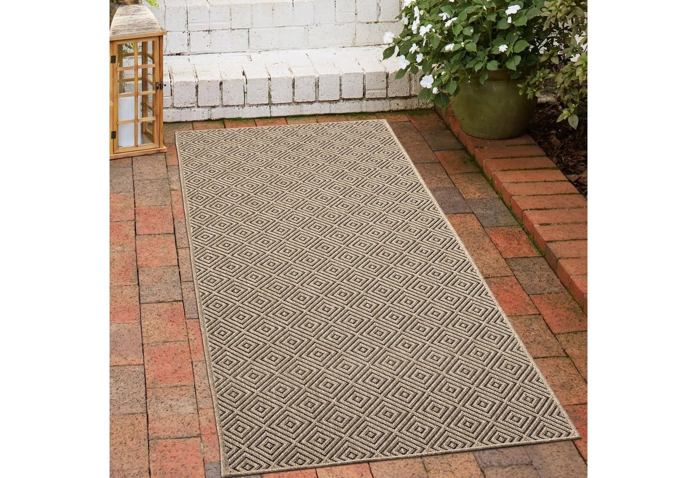 Outdoorteppich Outdoorteppich robust und wetterfest - Rautenmuster beige-schwarz, Carpetia, rechteckig, Höhe: 5 mm von Carpetia