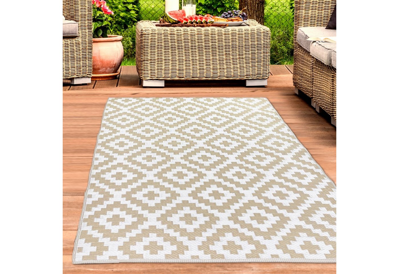 Outdoorteppich Schmutzabweisender Outdoor-Teppich in Ethno-Design in beige, Carpetia, rechteckig von Carpetia