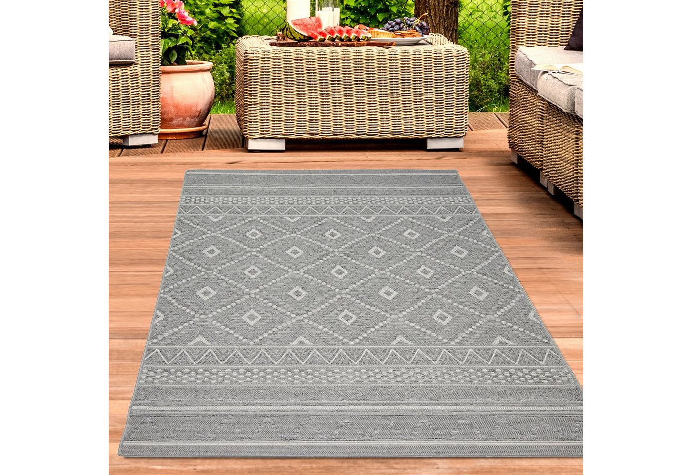 Outdoorteppich Sisal Teppich indoor & outdoor Terrasse Balkon Wohnzimmer Küche Zickzack Rauten Design in grau, Carpetia, rechteckig, Höhe: 10 mm von Carpetia