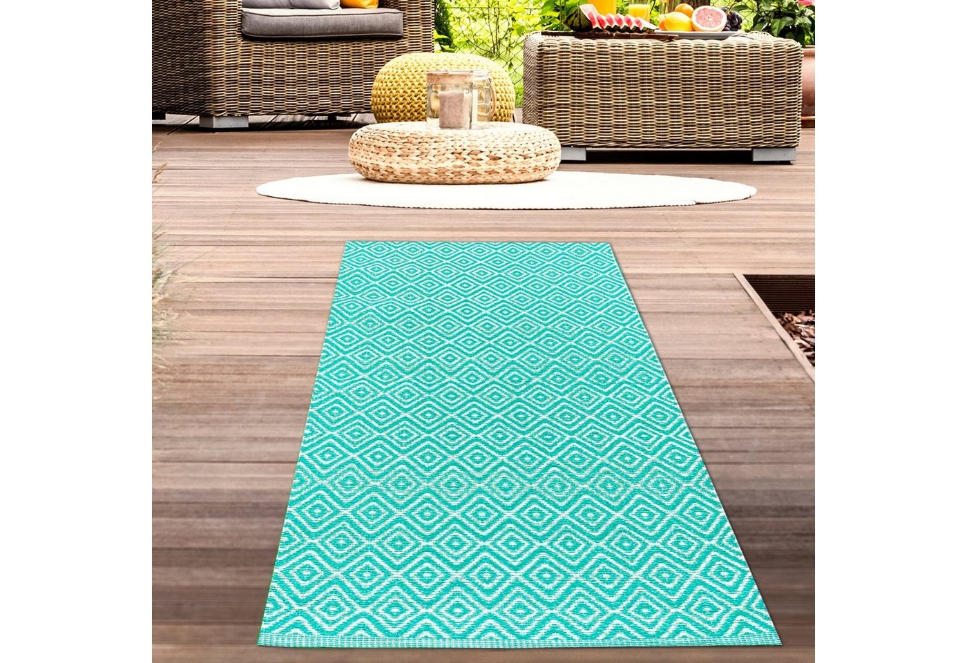 Outdoorteppich Stilvoller Outdoor-Teppich mit klassischem Rautenmuster in petrol, Carpetia, rechteckig von Carpetia