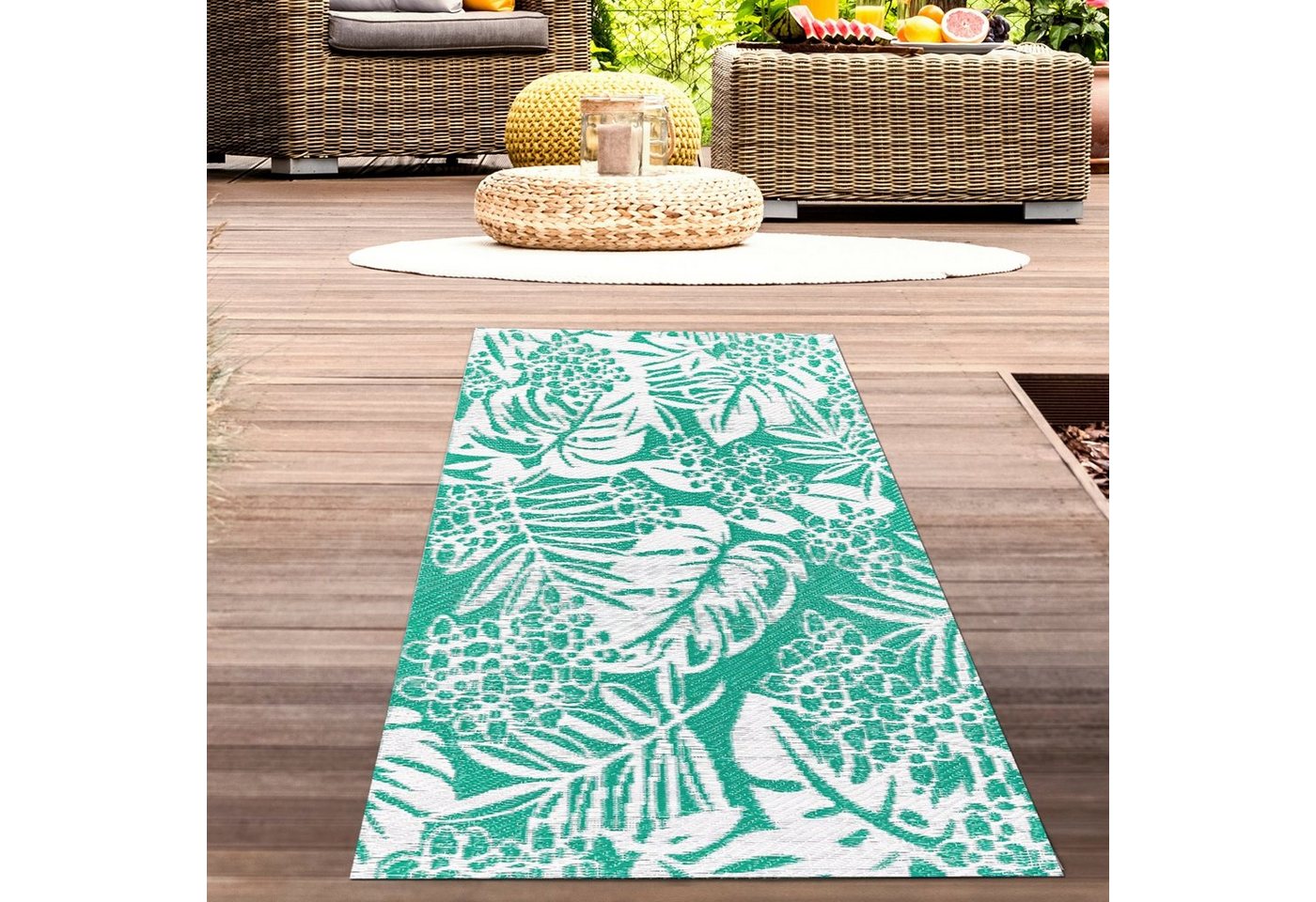 Outdoorteppich Wasserfester Outdoor-Teppich mit tropischem Design in petrol, Carpetia, rechteckig von Carpetia