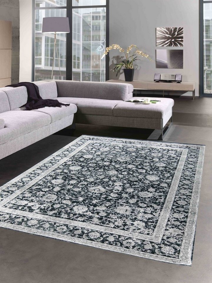 Teppich Orientalischer Teppich Wohnzimmer mit Blumenmotiv in schwarz grau, Carpetia, rechteckig, Höhe: 10 mm von Carpetia