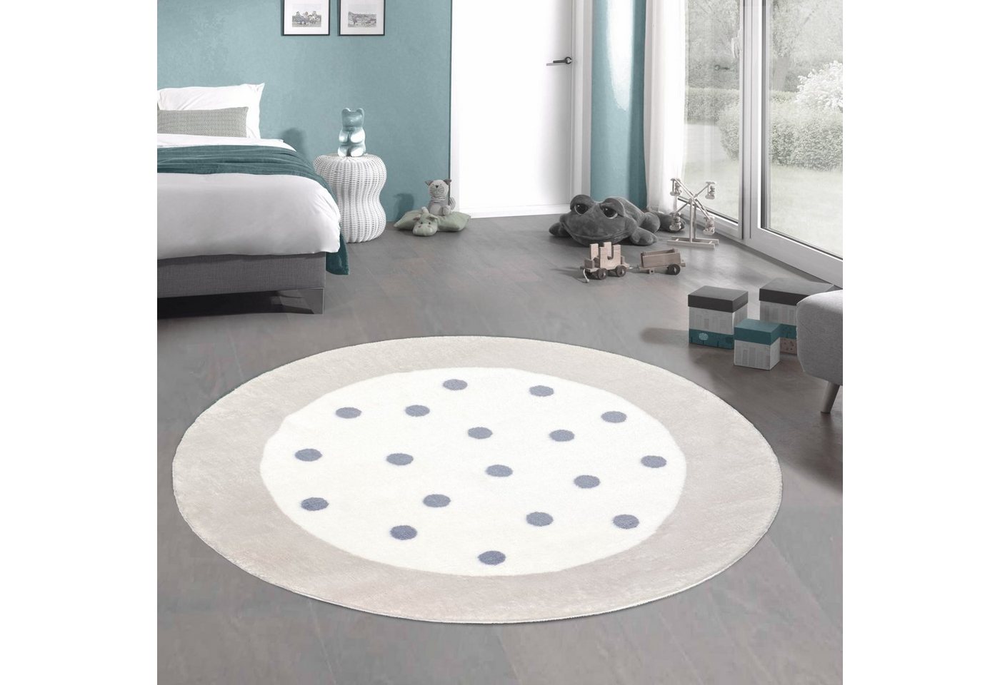 Carpetia Teppich Kinder-Teppich weich in Rund creme-grau Punkte-Umrandung, rechteckig, Höhe: 18 mm Carpetia Teppich Kinder-Teppich weich in Rund creme-grau Punkte-Umrandung, rechteckig, Höhe: 18 mm von Carpetia