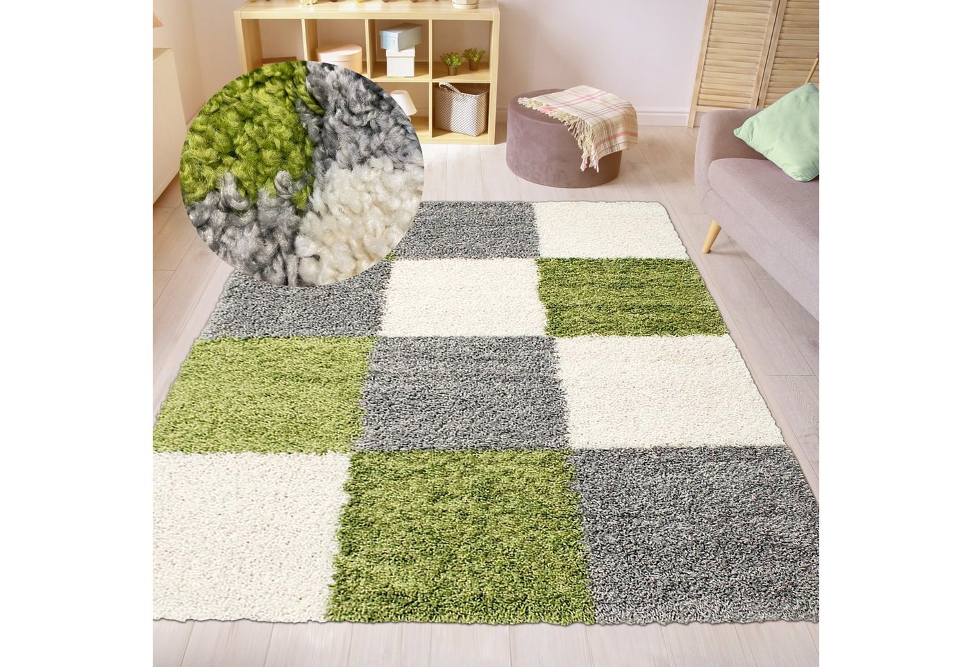 Teppich Flauschiger Shaggy-Teppich Hochflor mit Karomuster in grün grau creme, Carpetia, rechteckig, Höhe: 30 mm von Carpetia