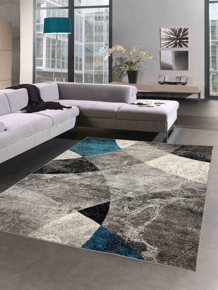Teppich Abstrakter Wohnzimmer Teppich mit modernem marmorierten Wellen Rauten Design in grau blau - pflegeleicht, Carpetia, rechteckig, Höhe: 8 mm von Carpetia