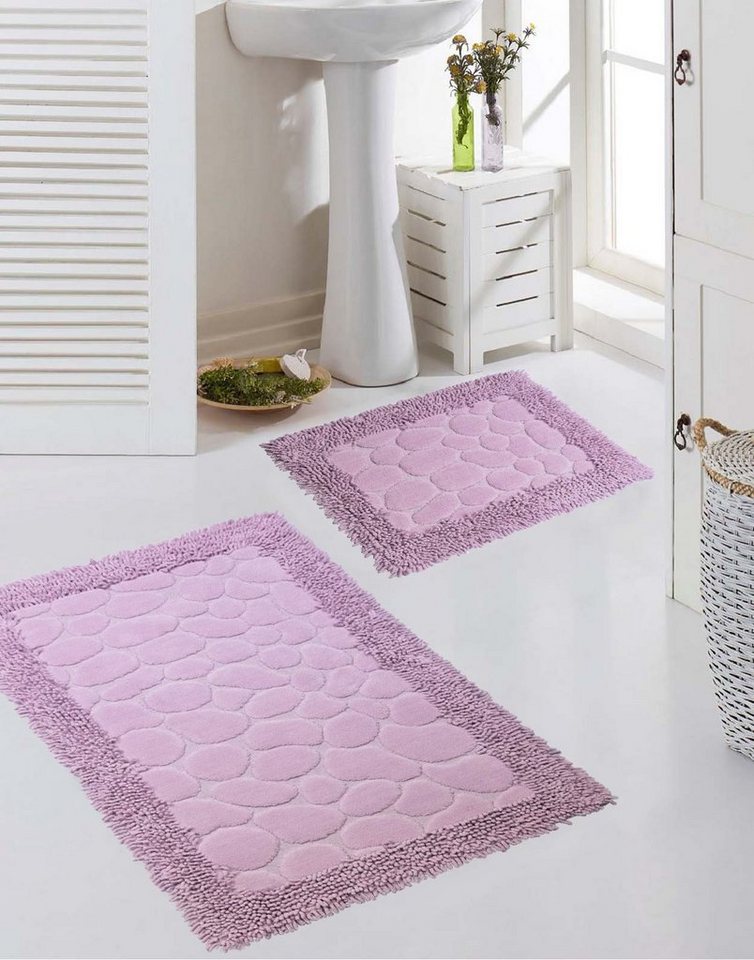 Carpetia Teppich Badematten Set 2-teilig Steinoptik rutschfest waschbar - lila, rechteckig, Höhe: 7.5 mm von Carpetia