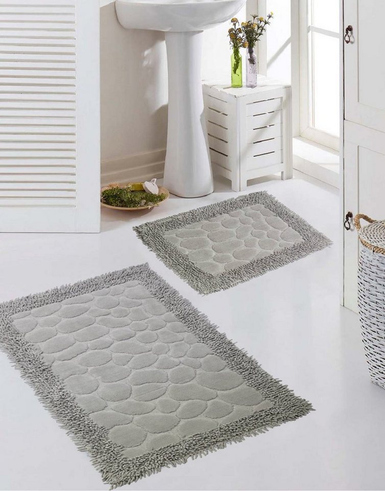Carpetia Teppich Badematten Set 2-teilig Steinoptik rutschfest waschbar - sandgrau, rechteckig, Höhe: 7.5 mm von Carpetia