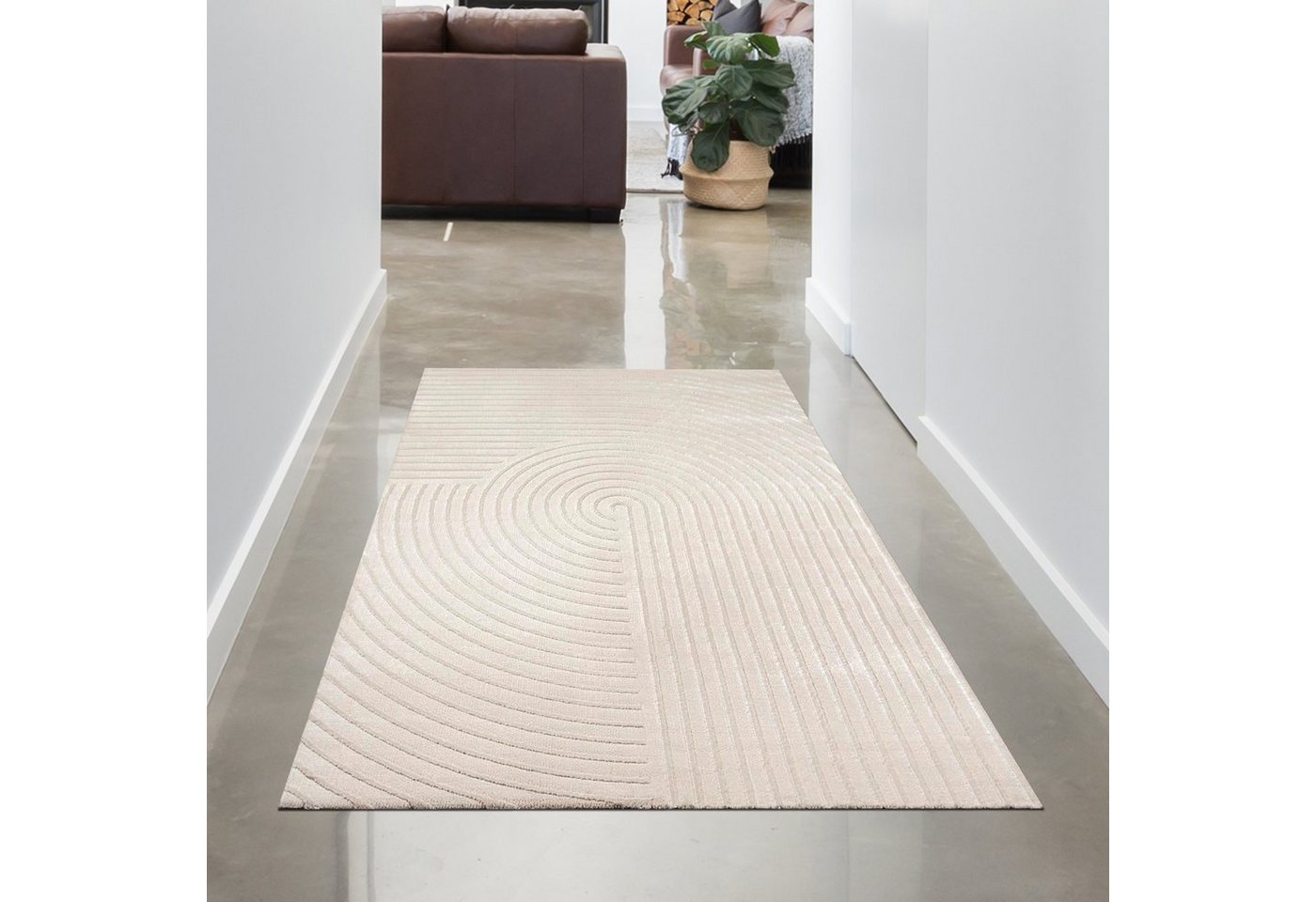 Teppich Beigefarbener Teppich mit Gebogenen Linien für Stilvolle Wohnräume, Carpetia, rechteckig, Höhe: 11 mm von Carpetia