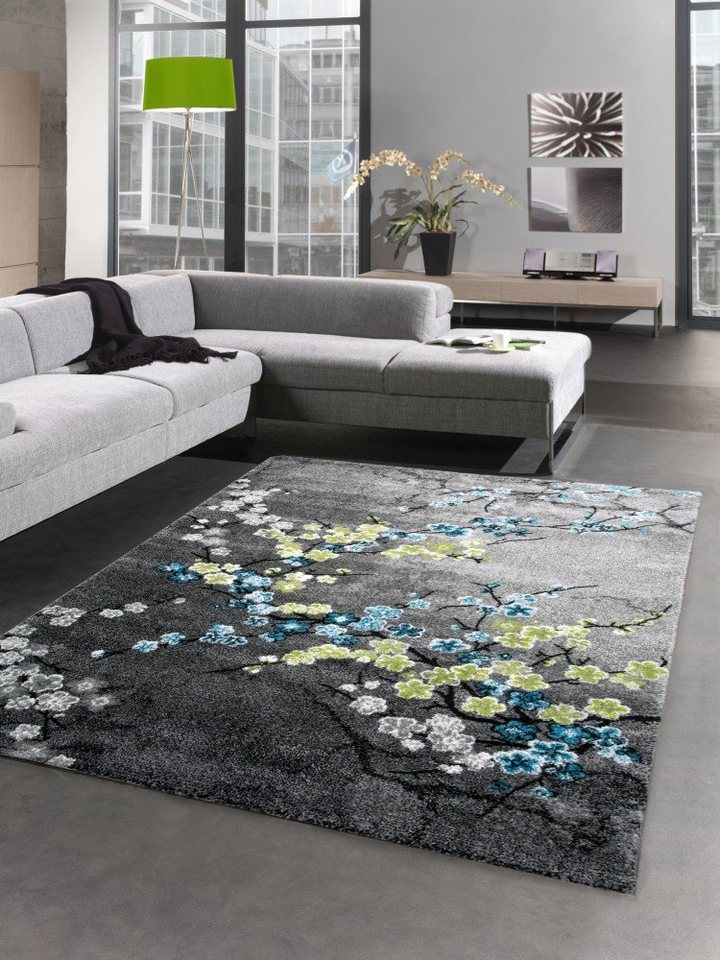 Teppich Designer Teppich Kurzflor Wohnzimmerteppich Blumen grau türkis blau, Carpetia, rechteckig, Höhe: 13 mm von Carpetia
