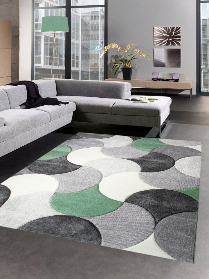 Teppich Designer Teppich Wohnzimmerteppich Kurzflor Tropfen grün grau, Carpetia, rechteckig, Höhe: 13 mm von Carpetia