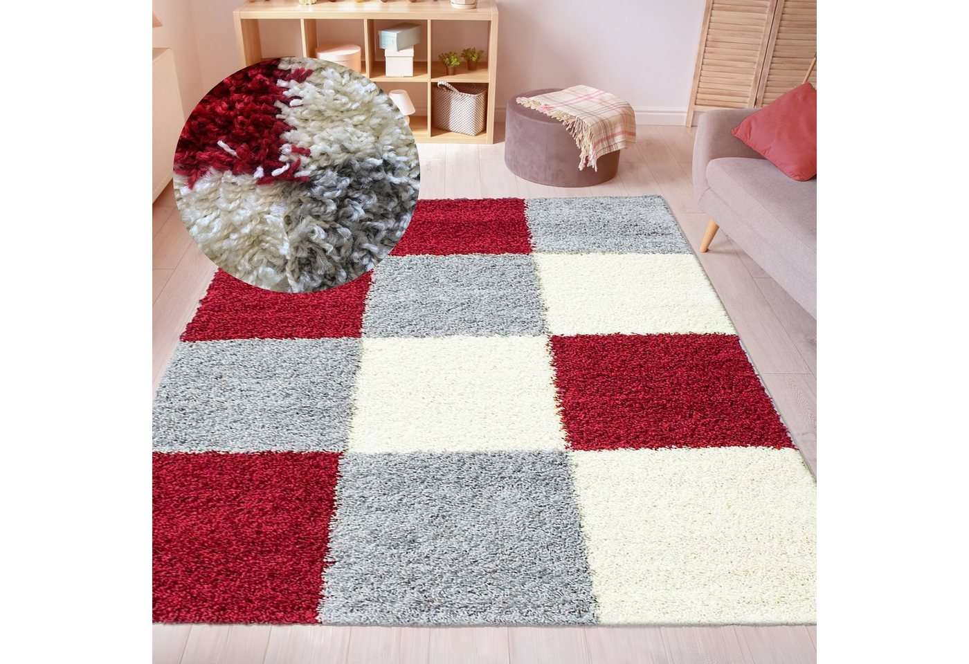 Teppich Flauschiger Shaggy-Teppich Hochflor mit Karomuster in rot grau creme, Carpetia, rechteckig, Höhe: 30 mm von Carpetia