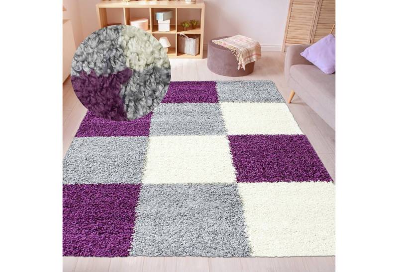 Carpetia Teppich Hochflor Shaggy Teppich Karomuster lila grau creme, rechteckig, Höhe: 30 mm Carpetia Teppich Hochflor Shaggy Teppich Karomuster lila grau creme, rechteckig, Höhe: 30 mm von Carpetia