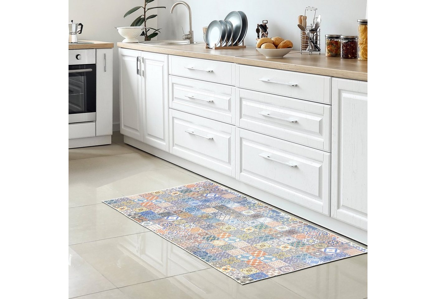 Teppich Küchenläufer Teppich bunt waschbar mit Fliesenmuster, Carpetia, rechteckig, Höhe: 5 mm von Carpetia