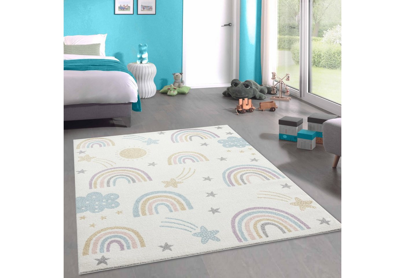 Teppich Kurzflor Teppich Kinder creme-mix pastell Regenbogen Sterne, Carpetia, rechteckig, Höhe: 9 mm von Carpetia