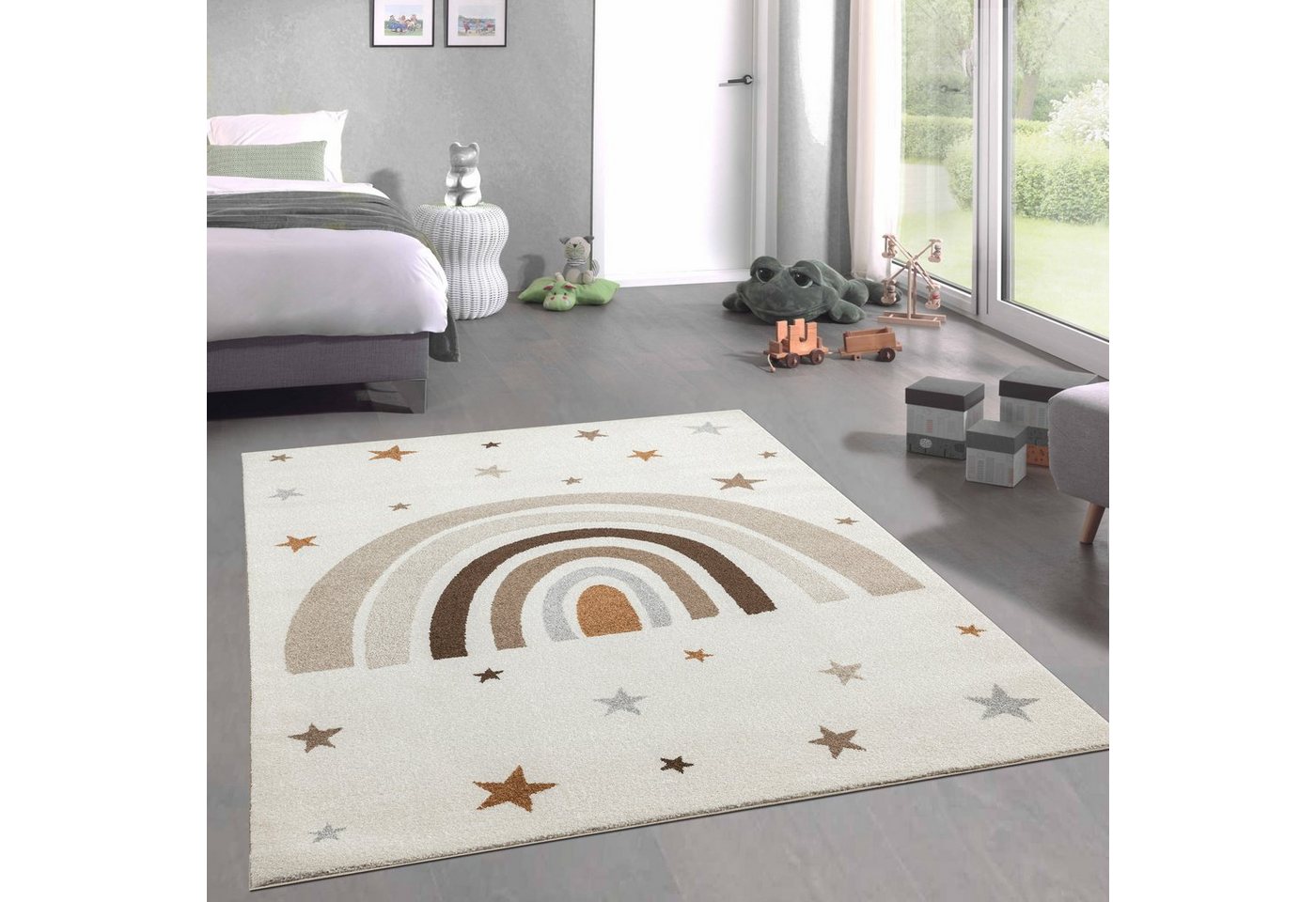 Teppich Kurzflor Teppich Kinder creme pastell Regenbogen Stern braun beige, Carpetia, rechteckig, Höhe: 9 mm von Carpetia