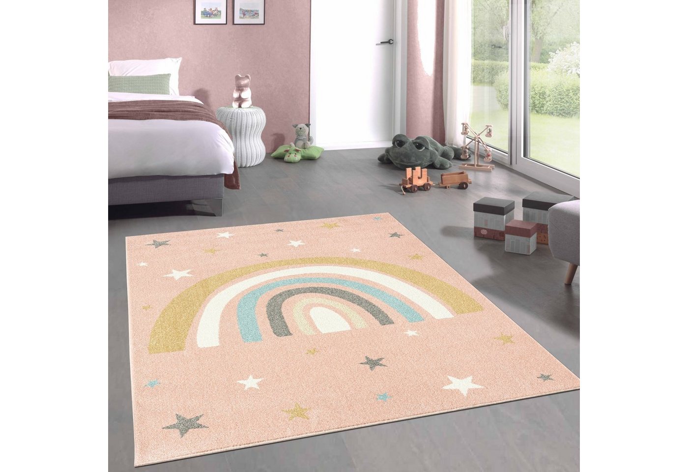 Teppich Kurzflor Teppich Kinder rosa pastell Regenbogen Stern weiß blau gelb, Carpetia, rechteckig, Höhe: 9 mm von Carpetia