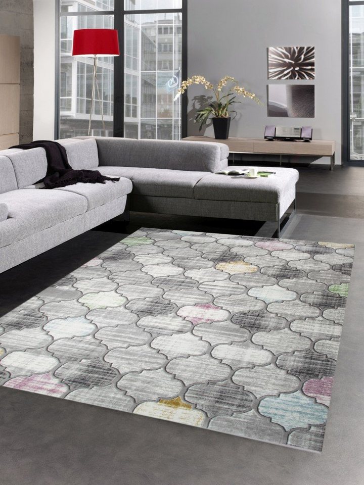 Teppich Moderner Teppich Kurzflor Teppich Wohnzimmerteppich grau bunt marokkanisches Muster, Carpetia, rechteckig, Höhe: 11 mm von Carpetia