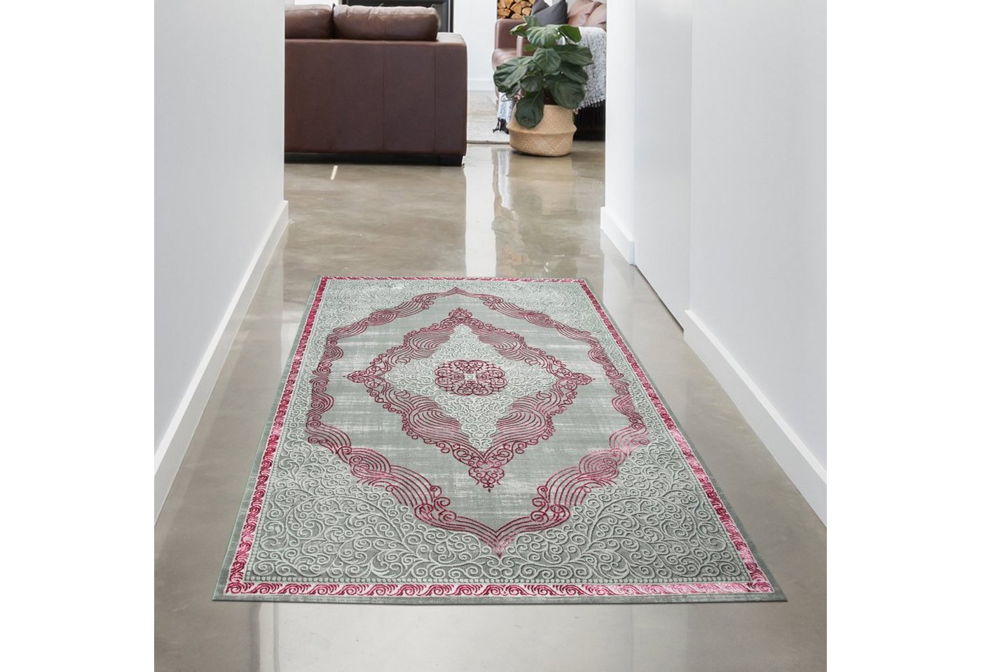 Teppich Orientteppich • glänzend rosa verzierte Bordüre • grau, Carpetia, rechteckig, Höhe: 12 mm, Fußbodenheizungs-geeignet, Schmutzabweisend, Allergiker-geeignet von Carpetia