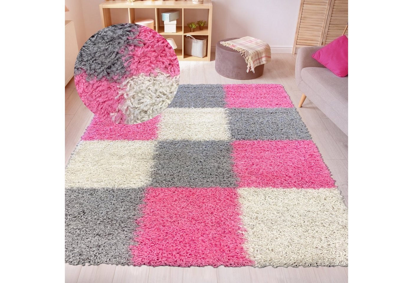 Teppich Shaggy Teppich Hochflor Wohnzimmer Karomuster rosa grau creme, Carpetia, rechteckig, Höhe: 30 mm von Carpetia