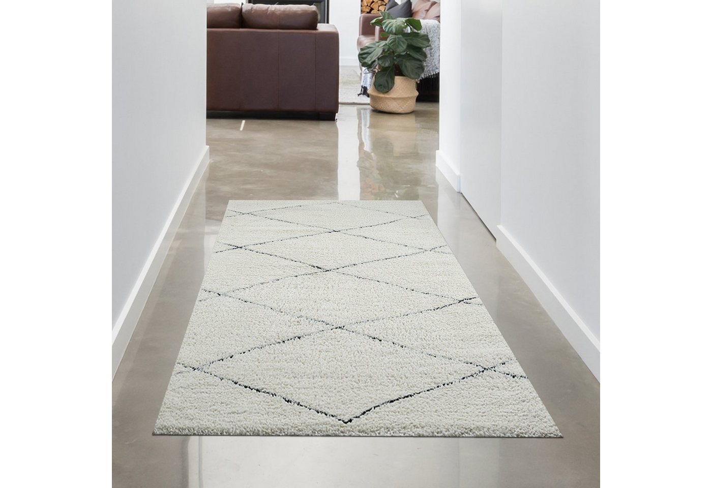 Carpetia Teppich Skandinavisch Wohnzimmerteppich Hochflor Rautenmuster weiß schwarz, rechteckig, Höhe: 30 mm Carpetia Teppich Skandinavisch Wohnzimmerteppich Hochflor Rautenmuster weiß schwarz, rechteckig, Höhe: 30 mm von Carpetia