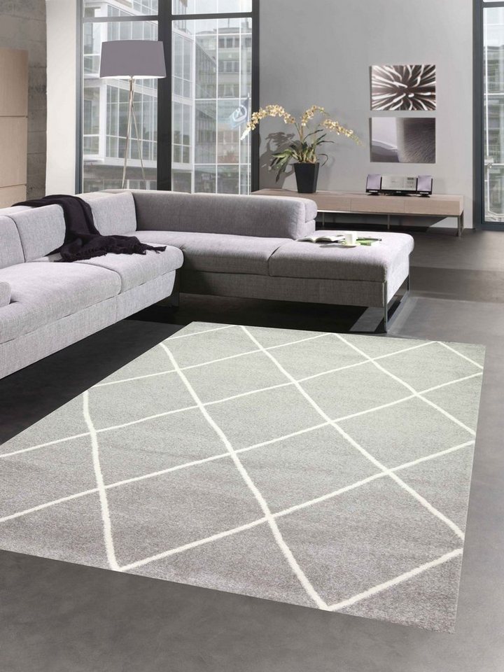 Teppich Skandinavischer Teppich Wohnzimmer Rautenmuster creme weiß grau pflegeleicht, Carpetia, rechteckig, Höhe: 8 mm von Carpetia