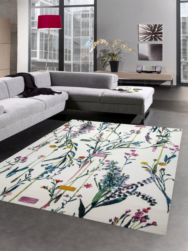 Teppich Teppich Designerteppich Blumen Sommerwiese bunt grün gelb pink, Carpetia, rechteckig, Höhe: 13 mm von Carpetia