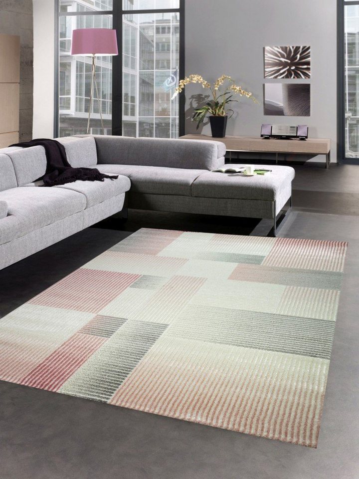 Teppich Teppich Wohnzimmer Teppich Karo pastell rosa creme grau, Carpetia, rechteckig, Höhe: 13 mm von Carpetia