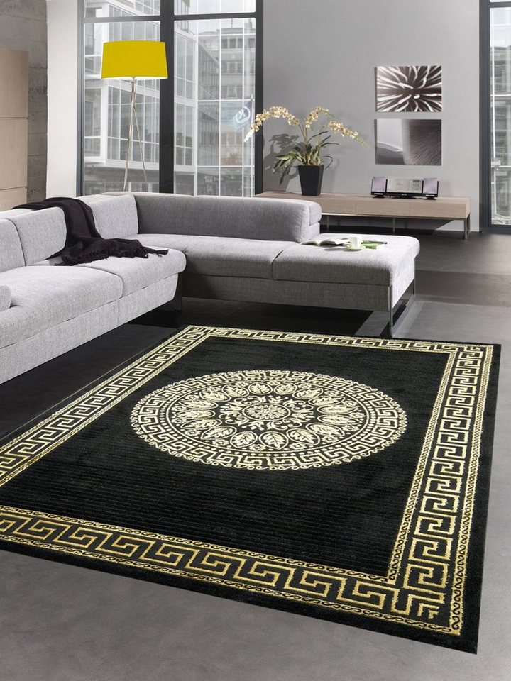 Teppich Teppich Wohnzimmer mit Bordüre Mäander Muster schwarz gold, Carpetia, rechteckig, Höhe: 12 mm von Carpetia