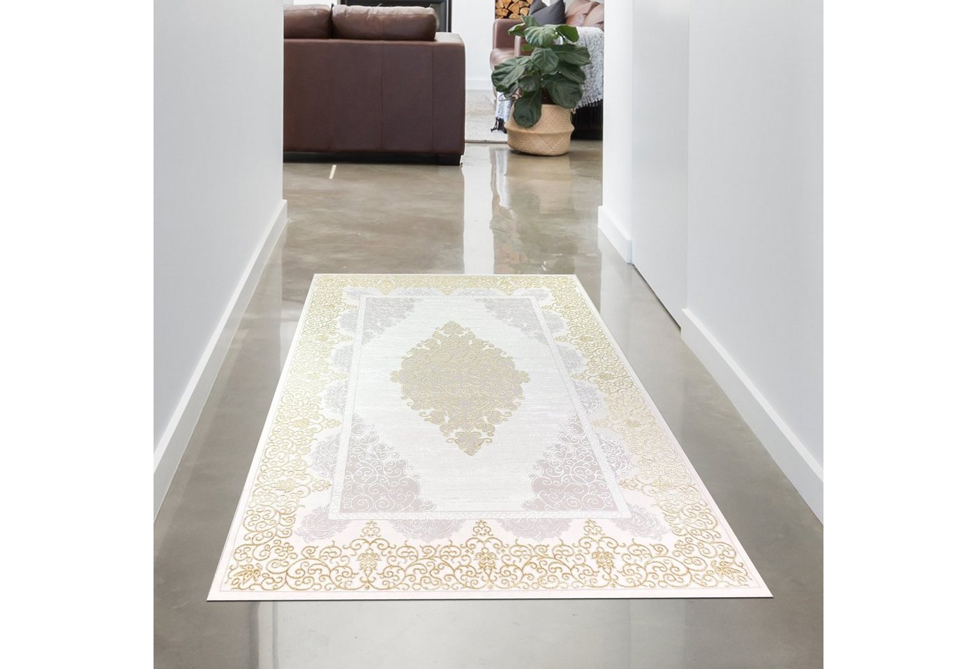 Teppich Teppich mit orientalischem Flair, luxuriös, weiß gold grau, Carpetia, rechteckig, Höhe: 5 mm von Carpetia