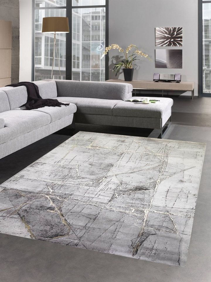 Teppich Teppich modern Kurzflor Wohnzimmerteppich abstrakt grau gold, Carpetia, rechteckig, Höhe: 12 mm von Carpetia