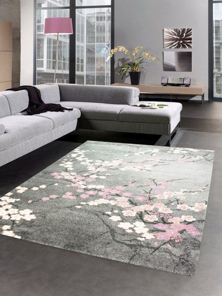 Teppich Teppich modern Wohnzimmerteppich Blumen rosa grau, Carpetia, rechteckig von Carpetia