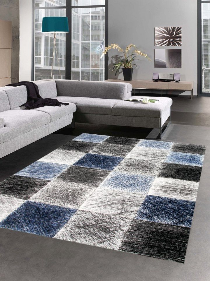 Teppich Teppich modern Wohnzimmerteppich karo blau grau schwarz, Carpetia, rechteckig, Höhe: 15 mm von Carpetia