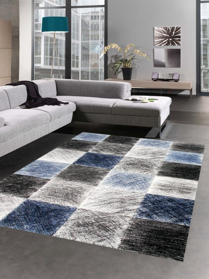 Carpetia Teppich Teppich modern Wohnzimmerteppich karo blau grau schwarz, rechteckig, Höhe: 15 mm von Carpetia
